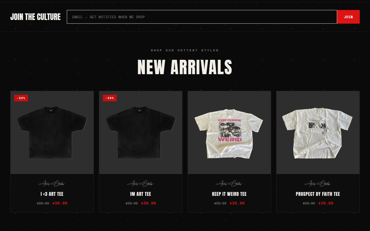 AVEIR storefront showing a New Arrivals grid of four t-shirt products with prices