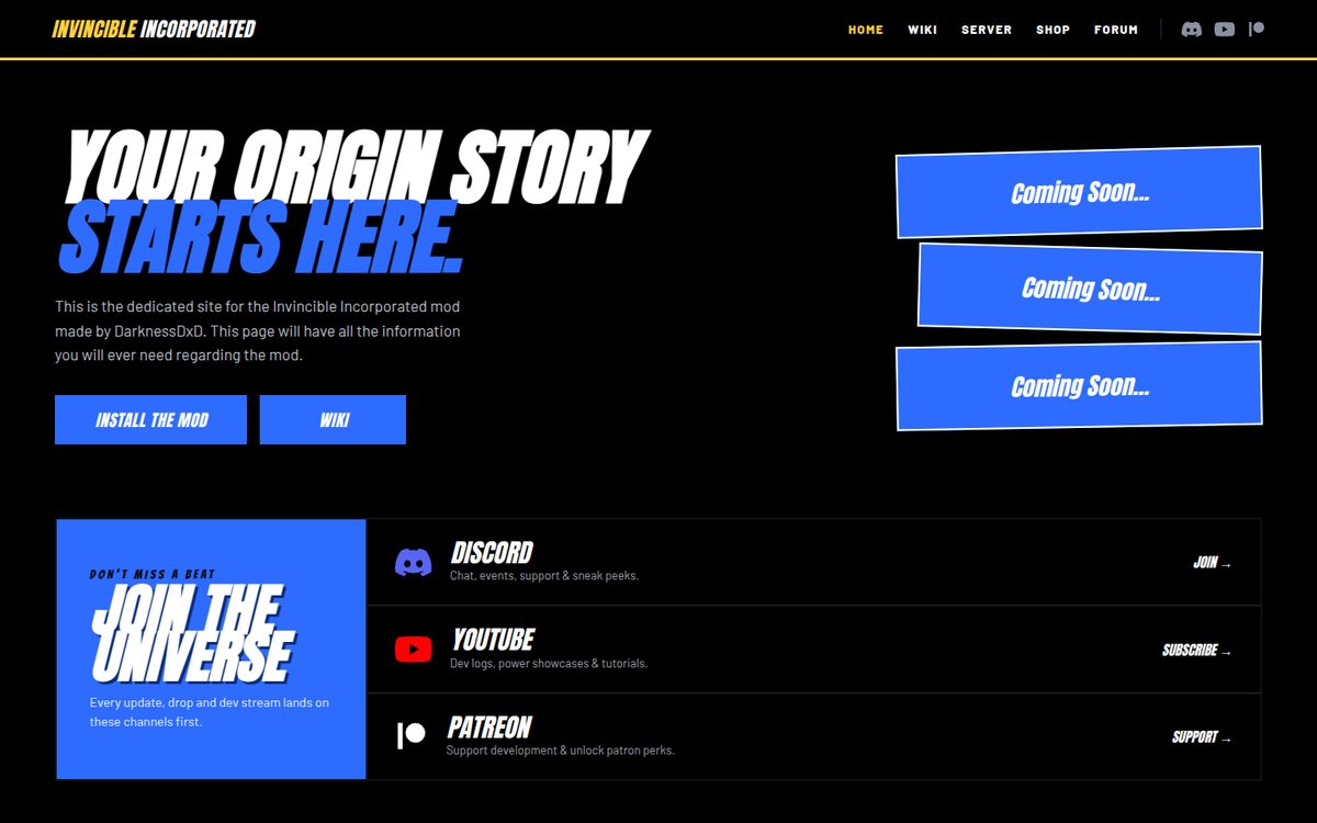 Invincible Incorporated homepage with a bold headline and community links