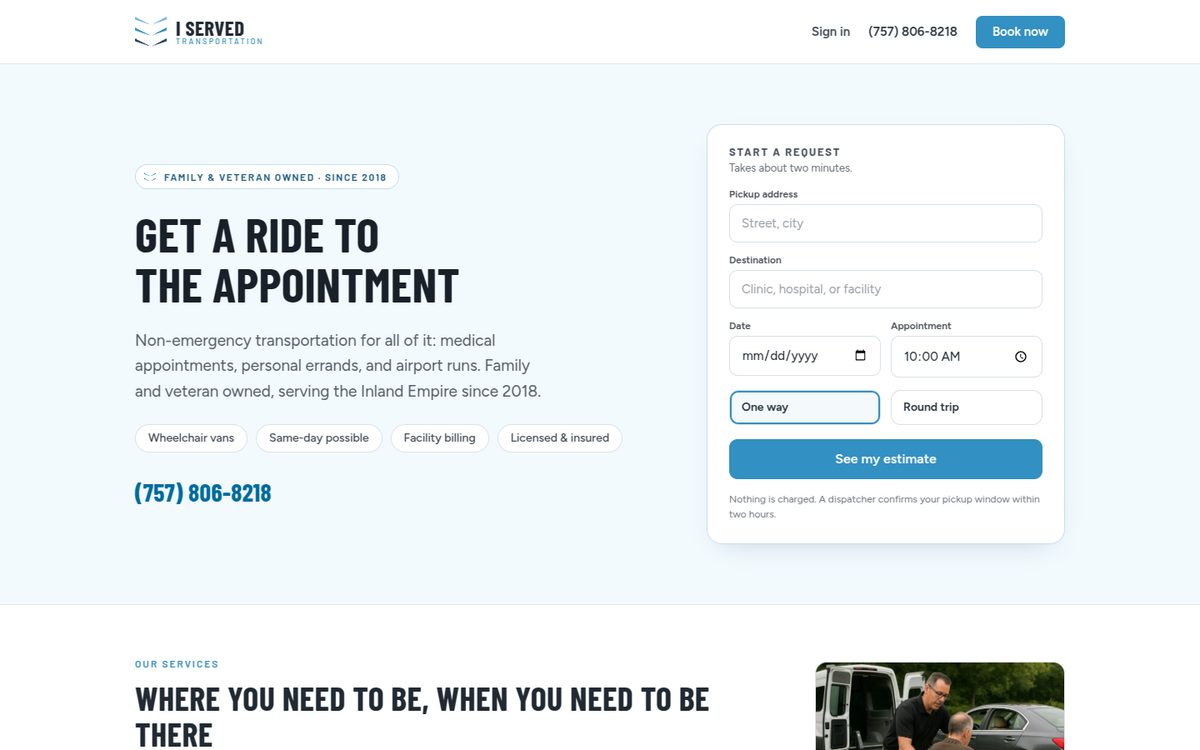 Homepage of iServed Transportation showing an online ride request form with pickup and destination fields